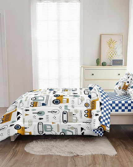 5-Pcs Construction Full Size Boys Bedding Set, Kids Comforter Set for Teens w/Sheets and Pillowcase, Soft Cartoon Tractor Cars Bed in a Bag Sets - LeafyLoom