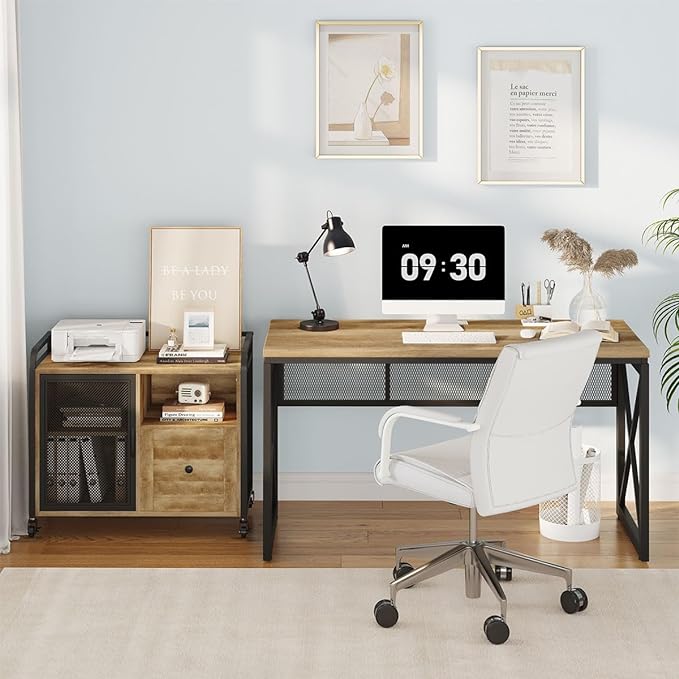 BON AUGURE Farmhouse Computer Desk, Modern Industrial Home Office Desk, Wood Metal Study Writing Table, Sturdy Gaming Desk (Vintage Oak, 54 Inch) - LeafyLoom