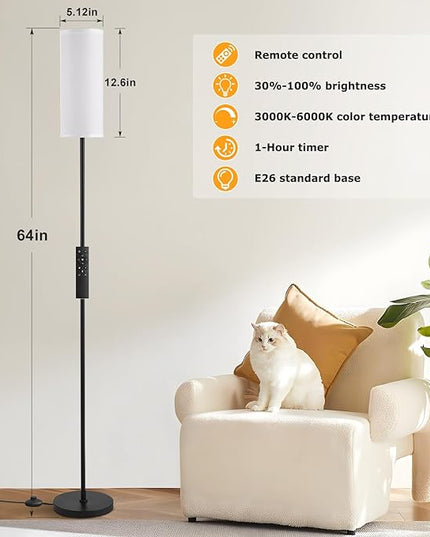 Ambimall Floor Lamps for Living Room, 64" Modern Floor Lamp with Remote Control and Stepless Dimmable Colors Temperature & Brightness, Standing Lamps for Living Room Bedroom Office, 9W Bulb Included - LeafyLoom