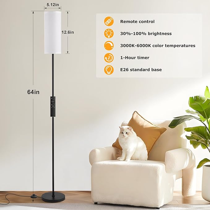 Ambimall Floor Lamps for Living Room, 64" Modern Floor Lamp with Remote Control and Stepless Dimmable Colors Temperature & Brightness, Standing Lamps for Living Room Bedroom Office, 9W Bulb Included - LeafyLoom