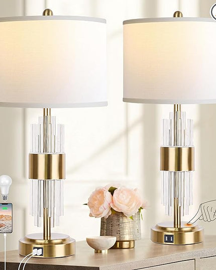 Bedside Table Gold Lamp for Living Room with USB Ports, Set of 2 with Touch Control, Modern Nightstand White Drum Lamp Shade Bedrooms Home Office Light Decor (2700K LED Bulb Included) - LeafyLoom