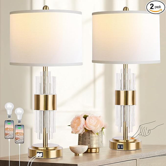 Bedside Table Gold Lamp for Living Room with USB Ports, Set of 2 with Touch Control, Modern Nightstand White Drum Lamp Shade Bedrooms Home Office Light Decor (2700K LED Bulb Included) - LeafyLoom