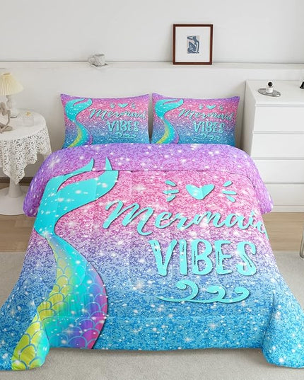 Girls Mermaid Tail Comforter Set Full Kawaii Coastal Fish Scales Bedding Set Glitter Star Galaxy Comforter Blue Pink Pastel Ombre Set Princess Bed Set Ocean Animal Quilt Duvet 2 Pillowcases Teal - LeafyLoom