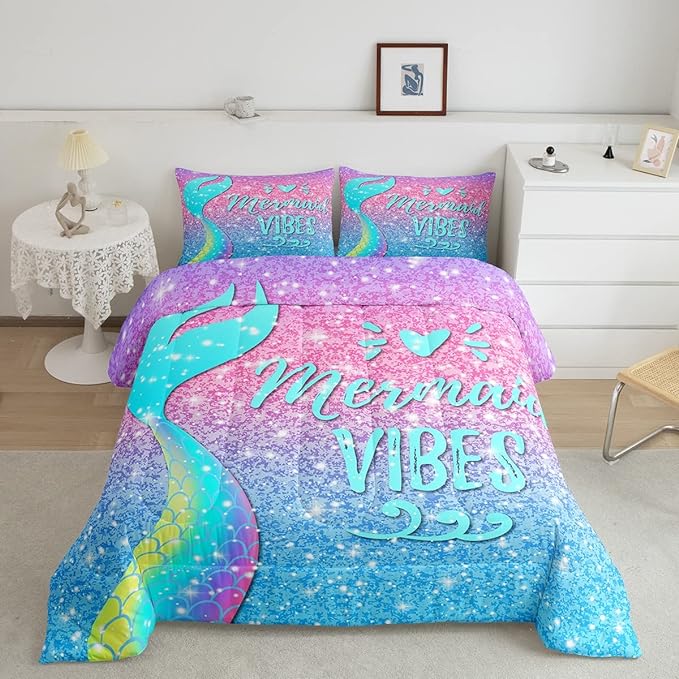 Girls Mermaid Tail Comforter Set Full Kawaii Coastal Fish Scales Bedding Set Glitter Star Galaxy Comforter Blue Pink Pastel Ombre Set Princess Bed Set Ocean Animal Quilt Duvet 2 Pillowcases Teal - LeafyLoom