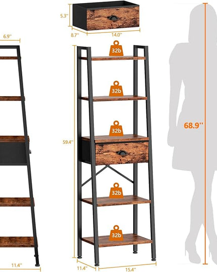 Furologee 5 Tier Ladder Shelf with Drawer, Tall Bookshelf Storage Shelves, Bookcase Standing Shelf Units, Industrial Open Display Shelves Organizer for Bedroom, Living Room, Kitchen, Rustic Brown… - LeafyLoom
