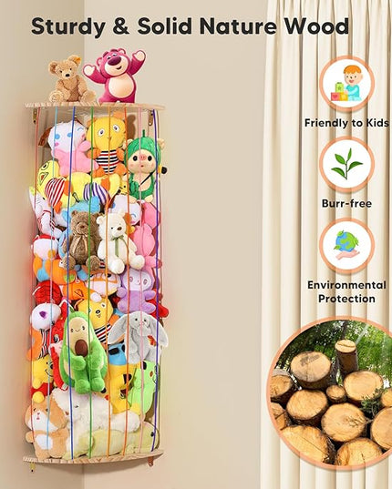 Stuffed Animal Storage Toy Organizer, Wood Corner Plushies Storage Wall Shelf Adjustable Length Stuffed Animal Holder, Large Kids Toy Storage for Nursery Playroom Bedroom Kid Room - LeafyLoom
