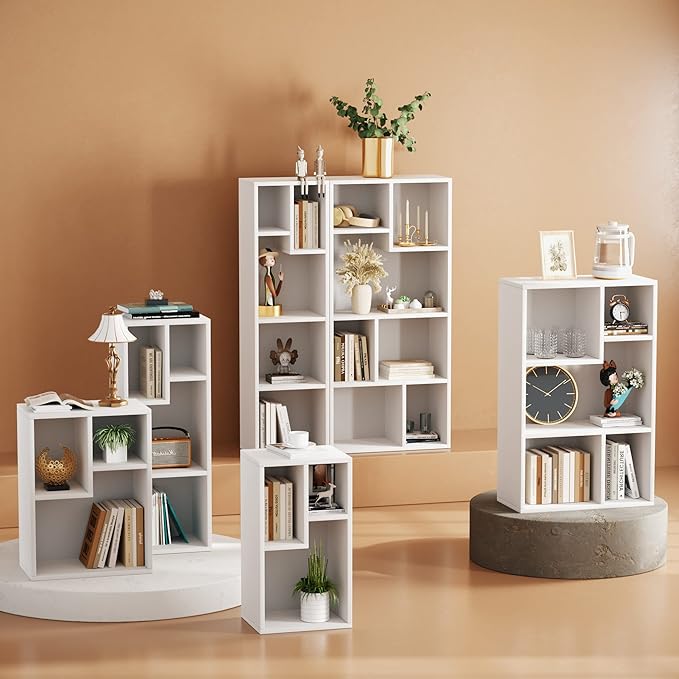 VECELO 3-Cube Open Bookcase, Small Bookshelf with Height Difference Shelves for Most Books, Horizontal Available, 2-Tier Storage Organizer for Home Office, Living Room, Pearl White - LeafyLoom