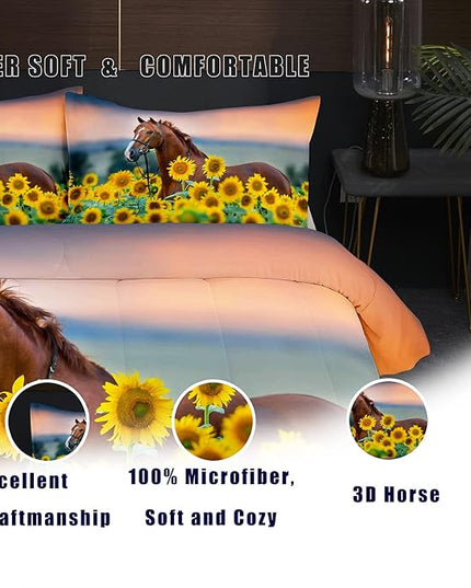 NINENINE Horse Comforter Bedding Set Twin for Boys Teens,Horse Walking Among Sunflowers Pattern Printed Bedding Set,Sunflower Comforter Set,Soft Microfiber Quilt Set with Matching Pillowcase#5002 - LeafyLoom