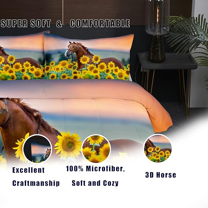 NINENINE Horse Comforter Bedding Set King for Boys Teens,Horse Walking Among Sunflowers Pattern Printed Bedding Set,Sunflower Comforter Set,Soft Microfiber Quilt Set with Matching Pillowcase#5002 - LeafyLoom
