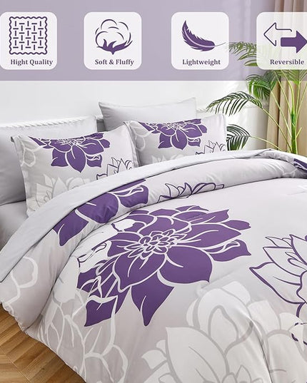 Purple Comforter Set King 7 Piece Bed in a Bag Purple Floral Comforter with Sheet Set Soft Micorfiber Reversible Bedding Set (1 Comforter,2 Pillow Shams,1 Flat Sheet,1 Fitted Sheet,2 Pillowcases) - LeafyLoom