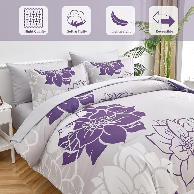 Purple Comforter Set King 7 Piece Bed in a Bag Purple Floral Comforter with Sheet Set Soft Micorfiber Reversible Bedding Set (1 Comforter,2 Pillow Shams,1 Flat Sheet,1 Fitted Sheet,2 Pillowcases) - LeafyLoom