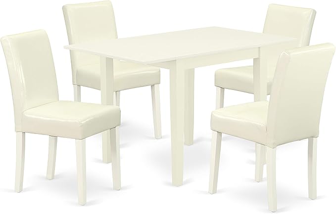 East West Furniture 1NDAB5-LWH-64 5 Piece Dinette Set for 4 Includes a Rectangle Room Table with Dropleaf and 4 White Faux Leather Parson Dining Chairs, 30x48 Inch - LeafyLoom
