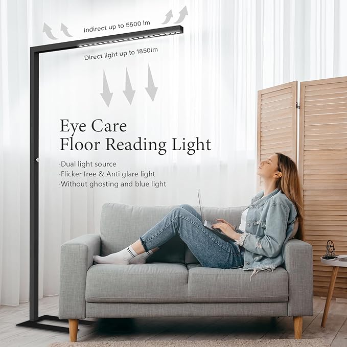 STERREN 77" LED Floor Lamp, 7350LM Dimmable Eye-care Standing Piano Lamp, 70W Modern Tall Reading Light Bright Lighting for Office Living Room Bedroom, 4000K Natural Daylight - Black - LeafyLoom