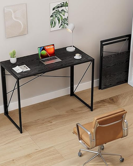 Coavas 39.4 inch Folding Desk No Assembly Required, Writing Computer Desk Space Saving Foldable Table Simple Home Office Desk, Black Wood - LeafyLoom