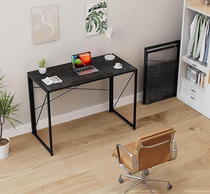 Coavas 39.4 inch Folding Desk No Assembly Required, Writing Computer Desk Space Saving Foldable Table Simple Home Office Desk, Black Wood - LeafyLoom