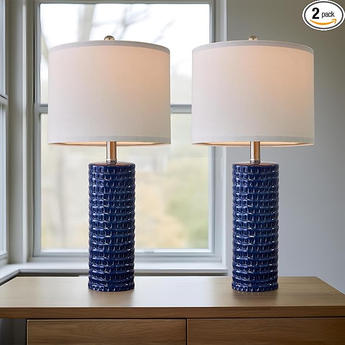 PORTRES 24.75" Modern Accent Ceramic Table Lamp Set of 2 for Bedroom Blue Desk Decor Bedside Lamps for Living Room Study Room Office Dorm Farmhouse Nightstand Lamp End Table Lamps - LeafyLoom