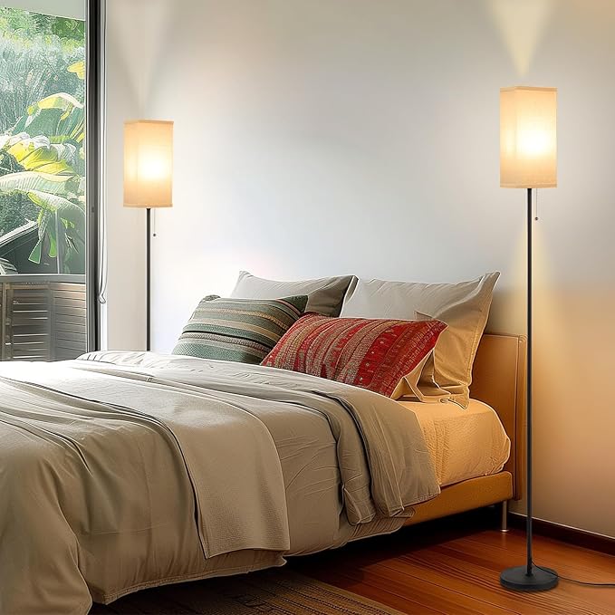 Floor Lamps for Living Room Bedroom - 3 Color Temperature Silver Floor Lamp Set of 2, Modern Standing Lamps with Pull Chain Switch Beige Shade, Tall Lamp for Corner Office(2 Pack) - LeafyLoom