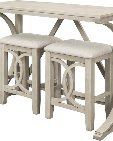 Farmhouse Style Counter Height 2 Upholstered Stools, Rustic Bar Built-in USB, Easy Assembly & Care, Room, Small Place, Apartment, Cream, 3 Piece Dining Table Set - LeafyLoom