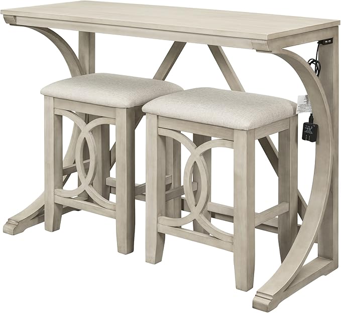 Farmhouse Style Counter Height 2 Upholstered Stools, Rustic Bar Built-in USB, Easy Assembly & Care, Room, Small Place, Apartment, Cream, 3 Piece Dining Table Set - LeafyLoom