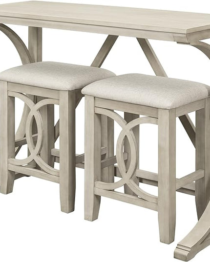 Voohek 3 Piece Counter Height Dining Set, Sofa Table with 2 Stools and USB Port for Bar, Console, Kitchen, Living Room, Apartment, Office, Small Places, Cream - LeafyLoom