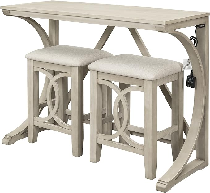 Voohek 3 Piece Counter Height Dining Set, Sofa Table with 2 Stools and USB Port for Bar, Console, Kitchen, Living Room, Apartment, Office, Small Places, Cream - LeafyLoom