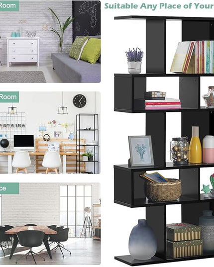Giantex 5-Tier Geometric Bookshelf Black Set of 2, 70'' Tall Wood Freestanding Decorative Display Open Shelves with Anti-Tipping Device, Each Shelf Holds up to 44 lbs, Wooden S Shaped Bookcase - LeafyLoom