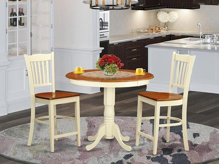 East West Furniture JAGR3-WHI-W 3 Piece Kitchen Counter Height Dining Table Set Contains a Round Pub Table with Pedestal and 2 Dining Room Chairs, 36x36 Inch, Buttermilk & Cherry - LeafyLoom