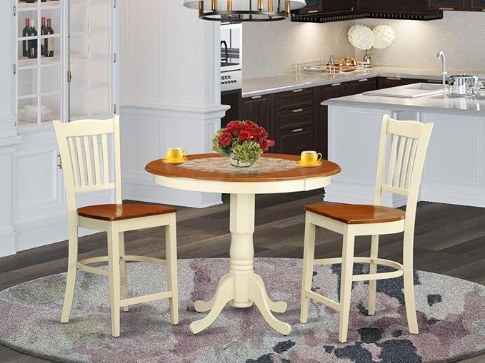 East West Furniture JAGR3-WHI-W 3 Piece Kitchen Counter Height Dining Table Set Contains a Round Pub Table with Pedestal and 2 Dining Room Chairs, 36x36 Inch, Buttermilk & Cherry - LeafyLoom