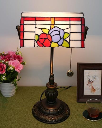 Bankers Lamp,Stained Glass Lamp,Dimmable Vintage Desk Lamp for Home Office Workplace Nightstand Bedroom Library Piano LED Bulb Included (roses) - LeafyLoom