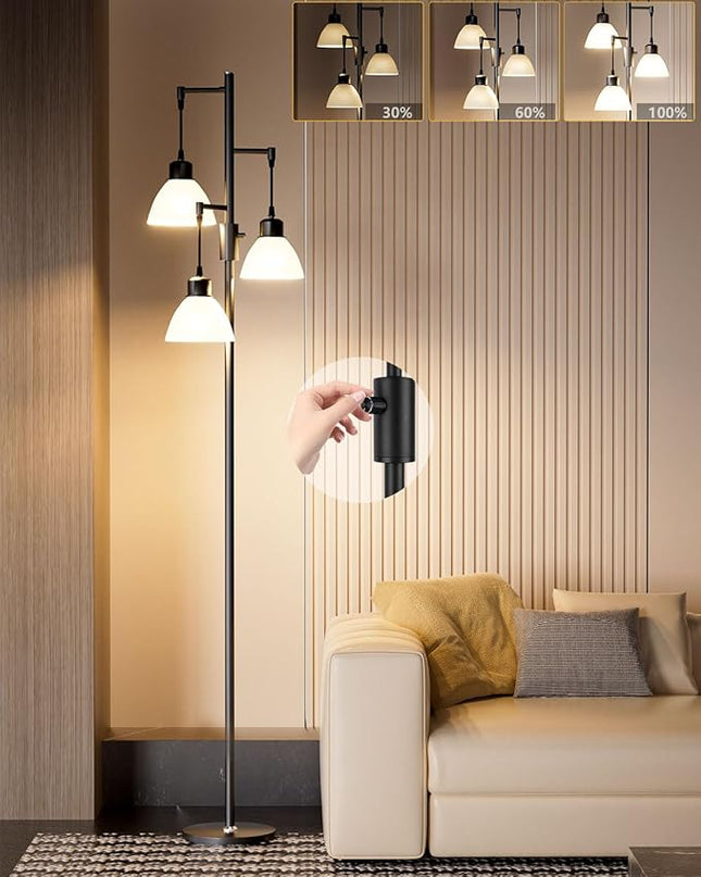 Lightdot 67IN Dimmable (Brightness Adjustable) Tree Floor Lamp, Industrial Standing Lamps with E26 LED Bulbs Included, 3 Lights Black Pole Tall Lamps for Living Room Bedroom Office - LeafyLoom