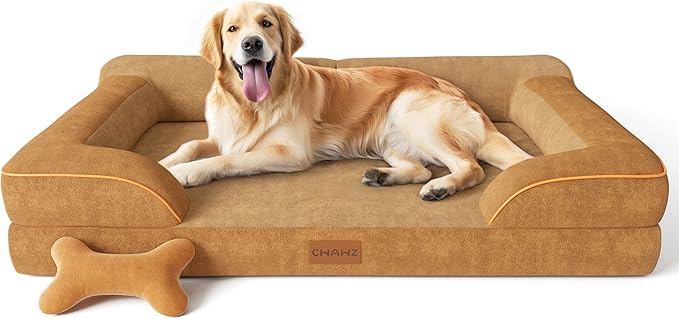 Extra Large Dog Bed, Orthopedic Dog Beds with Cooling Gel Memory Foam, Waterproof XL Pet Bed with Removable Washable Cover, 42" Pet Sofa Couch Dutch Velvet with Bone Toy, Brown LeafyLoom