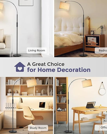 Arc Floor Lamps with Remote Control and Stepless Dimmable Color Temperature and Brightness Standing Lamp with Adjustable Beige Hanging Shade Pole Lamp for Bedroom Office, 9W Bulb Included, Black - LeafyLoom