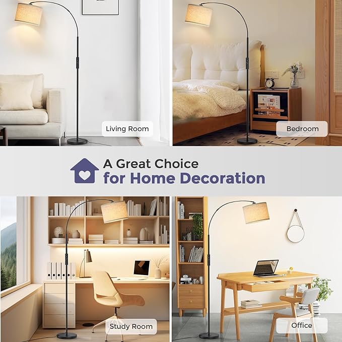 Arc Floor Lamps with Remote Control and Stepless Dimmable Color Temperature and Brightness Standing Lamp with Adjustable Beige Hanging Shade Pole Lamp for Bedroom Office, 9W Bulb Included, Black - LeafyLoom