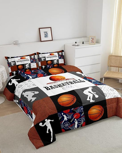 Basketball Twin Comforter Set For Boys Sports Bedding Set Basketball Athlete Bed Comforter Sets Patchwork Style Orange Black White Grey Soft Lightweight Quilt Duvet Insert 1 Pillow Case Room Decor - LeafyLoom
