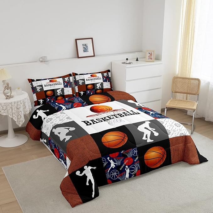 Basketball Twin Comforter Set For Boys Sports Bedding Set Basketball Athlete Bed Comforter Sets Patchwork Style Orange Black White Grey Soft Lightweight Quilt Duvet Insert 1 Pillow Case Room Decor - LeafyLoom