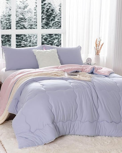 COTTEBED Reversible Ultra-Soft Warm King Size Comforter Set, California Cal King Down Comforter Cozy Fully Breathable Bedding 1 Down Alternative Quilt and 2 Pillowsham Winter Pink and Purple - LeafyLoom