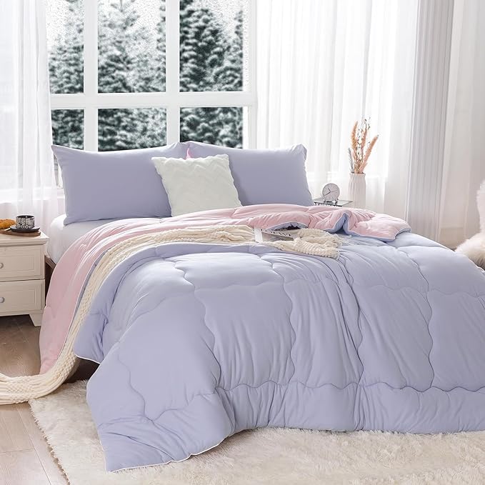 COTTEBED Reversible Ultra-Soft Warm King Size Comforter Set, California Cal King Down Comforter Cozy Fully Breathable Bedding 1 Down Alternative Quilt and 2 Pillowsham Winter Pink and Purple - LeafyLoom