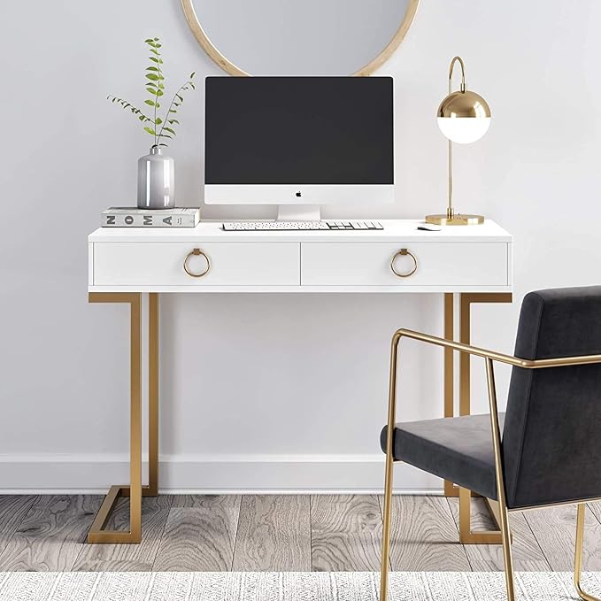 Nathan James Leighton Two-Drawer Writing Glam Accents Brass, Home Office Computer Desk or Vanity Table, 2, White/Gold, Small - LeafyLoom