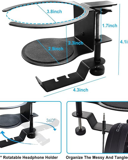 Desk Cup Holder, 2-in-1 Adjustable & 360° Rotating Office Gaming Desk Accessories for Under Desk Headphone Stand Hanging Headset, Holding Coffee Mug, Drinks, Water Bottle – Black - LeafyLoom