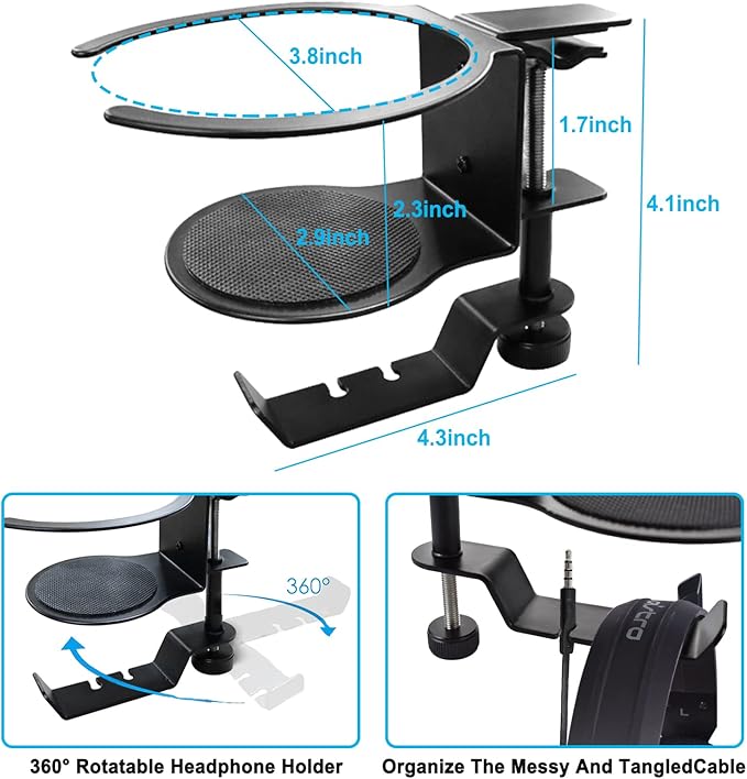 Desk Cup Holder, 2-in-1 Adjustable & 360° Rotating Office Gaming Desk Accessories for Under Desk Headphone Stand Hanging Headset, Holding Coffee Mug, Drinks, Water Bottle – Black - LeafyLoom