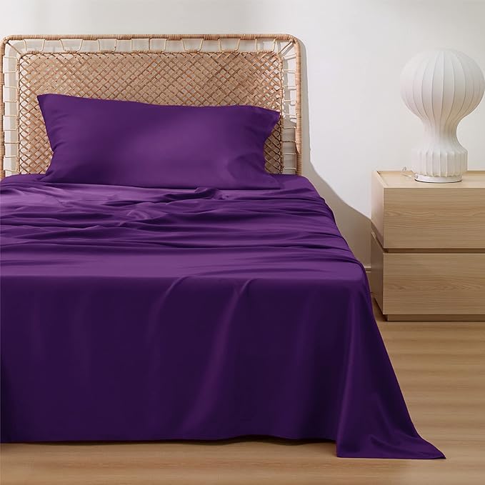 Bedsure Twin XL Sheet Set Dorm Bedding, Cooling Sheets Twin Extra Long Sheets, Rayon Derived from Bamboo, Deep Pocket Up to 16", Hotel Luxury Silky Bedding Sheets & Pillowcases, Plum - LeafyLoom