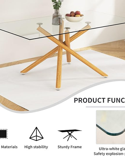 NicBex Large Modern Minimalist Rectangular Glass Dining Table for 6-8 with 0.39" Tempered Glass Tabletop and Wood Color Metal Legs, for Kitchen Dining Living Meeting Room Banquet Hall, Wood - LeafyLoom