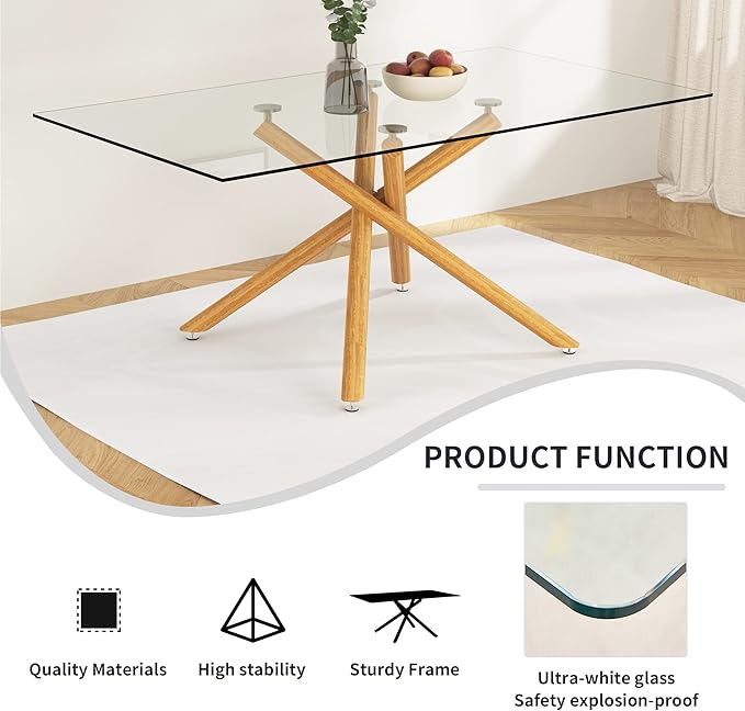 NicBex Large Modern Minimalist Rectangular Glass Dining Table for 6-8 with 0.39" Tempered Glass Tabletop and Wood Color Metal Legs, for Kitchen Dining Living Meeting Room Banquet Hall, Wood - LeafyLoom