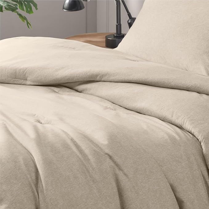 Beige Comforter Set Queen Size - Taupe Soft Luxury Chambray Printed, All Season Lightweight Breathable Bedding Set, 3 Pieces Including 1 Comforter and 2 Pillow Shams - LeafyLoom