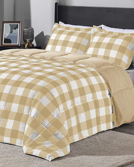 downluxe Lightweight Plaid Comforter Set (King) with 2 Pillow Sham - 3-Piece Set - Khaki/White Plaid - Down Alternative Reversible Comforter - LeafyLoom