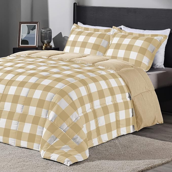 downluxe Lightweight Plaid Comforter Set (Twin) with 1 Pillow Sham - 2-Piece Set - Khaki/White Plaid - Down Alternative Reversible Comforter - LeafyLoom