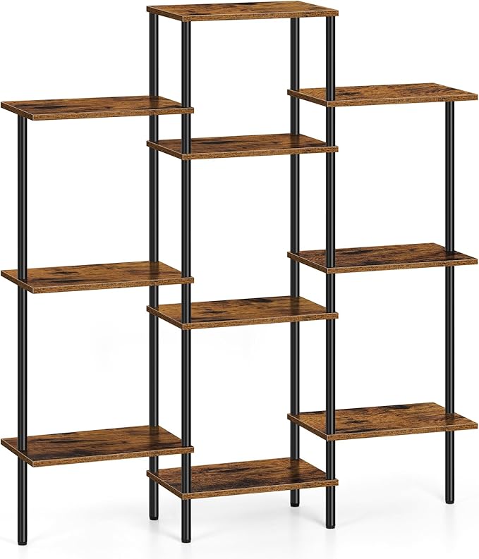ETELI 4 Tier Small Bookshelf Triple Wide Bookcase with 10 Storage Shelves Open Shelf Book Shelf Book Case for Home & Office, Living Room, Industrial Style, 7.8" D x 37" W x 41.6" H - LeafyLoom