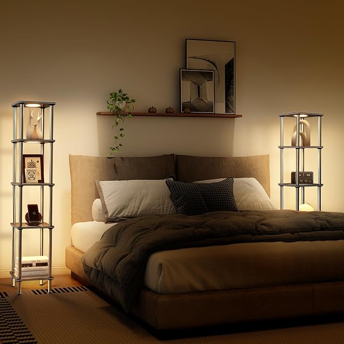 Kekeou RGBCW Floor Lamp with Shelves Tall Lamp Music Sync APP Control Standing Lamp with Wireless Charger & USB Port Color Changing Lamp with Shelves Work with Alexa Black 5 Tier - LeafyLoom