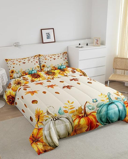 Fall Pumpkin Bedding Set For Home King Thanksgiving Harvest Season Fruit Decor Comforter Set Autumn Fall Maple Leaf Quilt Comforter for Kids Teen Adults,Rustic Farm Sunflower Bed Sets 2 Pillow Cases - LeafyLoom