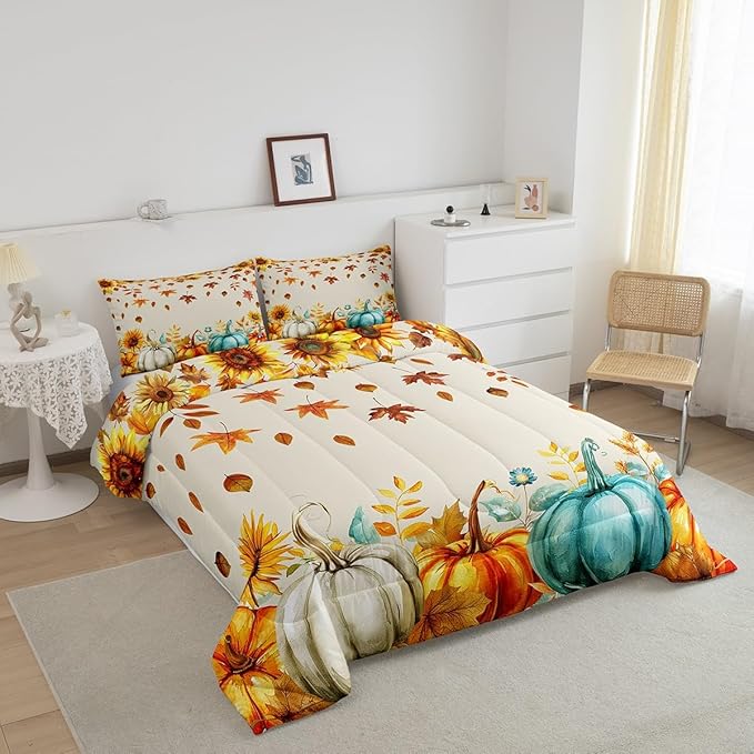 Fall Pumpkin Bedding Set For Home King Thanksgiving Harvest Season Fruit Decor Comforter Set Autumn Fall Maple Leaf Quilt Comforter for Kids Teen Adults,Rustic Farm Sunflower Bed Sets 2 Pillow Cases - LeafyLoom